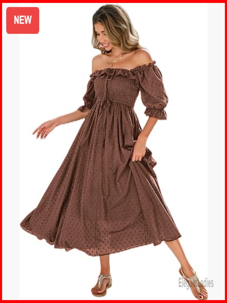 Ruffled Square Neck Midi Dress With Puff Sleeves And Backless Design